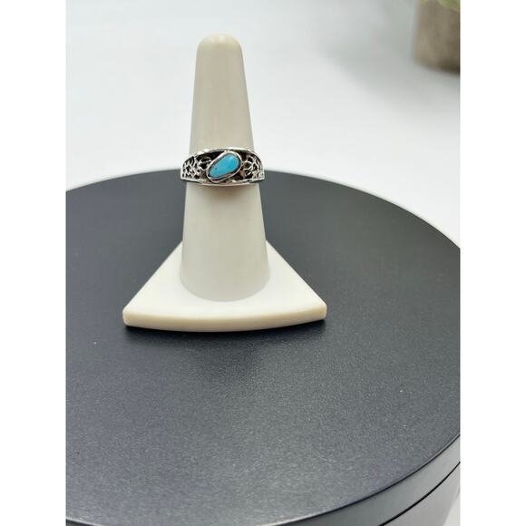 Native Vintage Sterling Silver Oval Bezel Turquoise Ring Openwork Band Size 8 - Picture 15 of 15